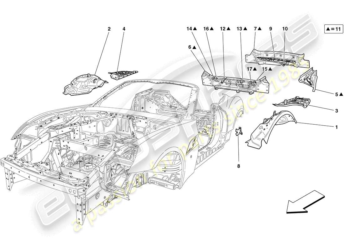 Ferrari California (Europa) carrocería trasera y revestimiento exterior Diagrama de piezas