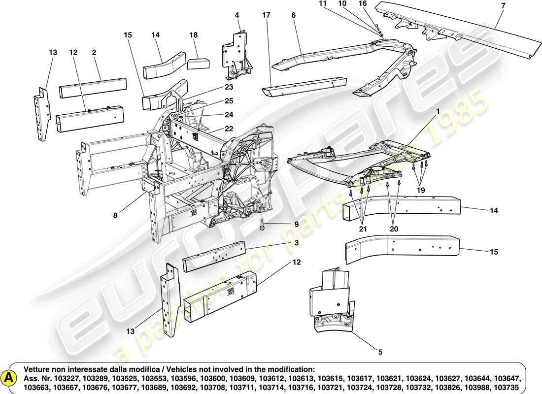 Ferrari California (Europa) Estructuras frontales y secciones tipo caja del chasis. Diagrama de piezas