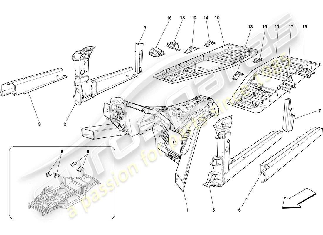 Ferrari California (Europa) estructuras centrales y secciones de caja del chasis Diagrama de piezas