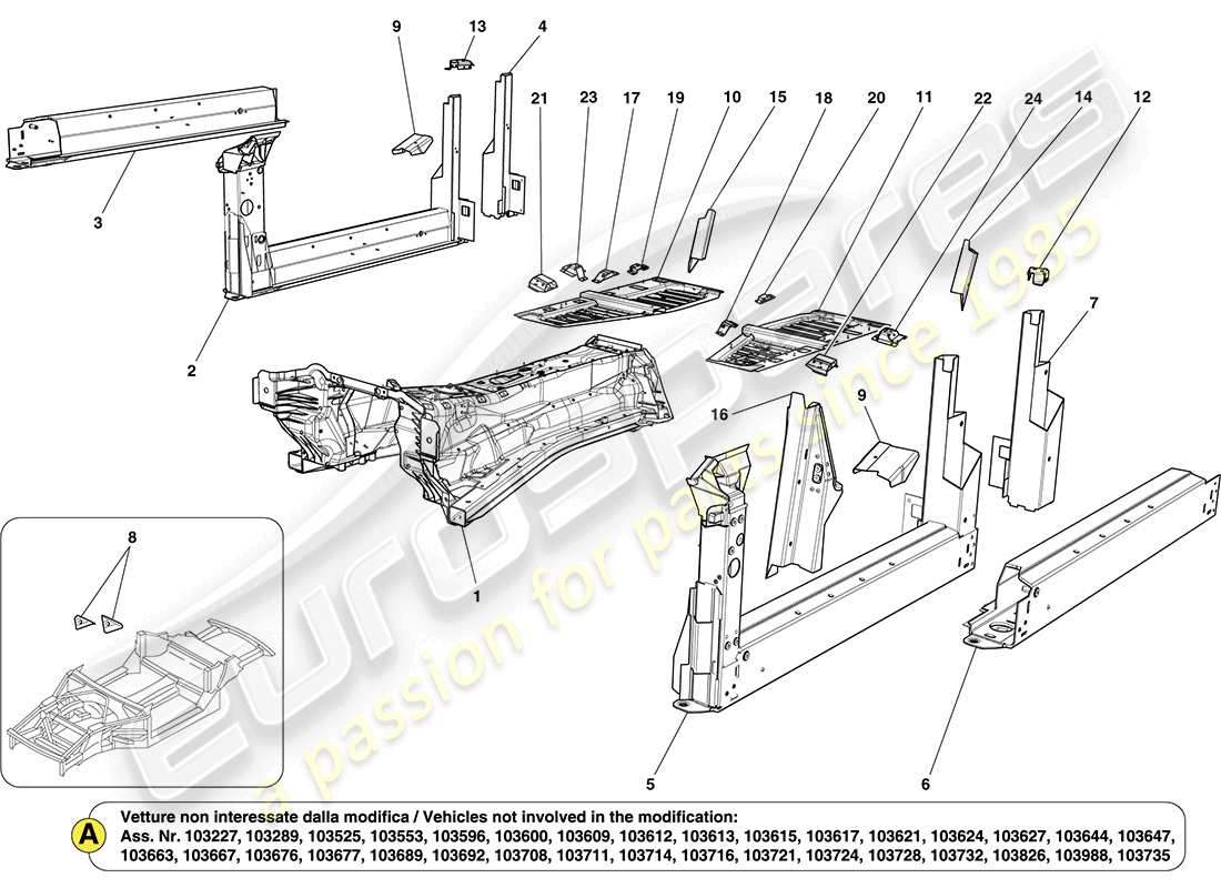 Ferrari California (Europa) estructuras centrales y secciones de caja del chasis Diagrama de piezas