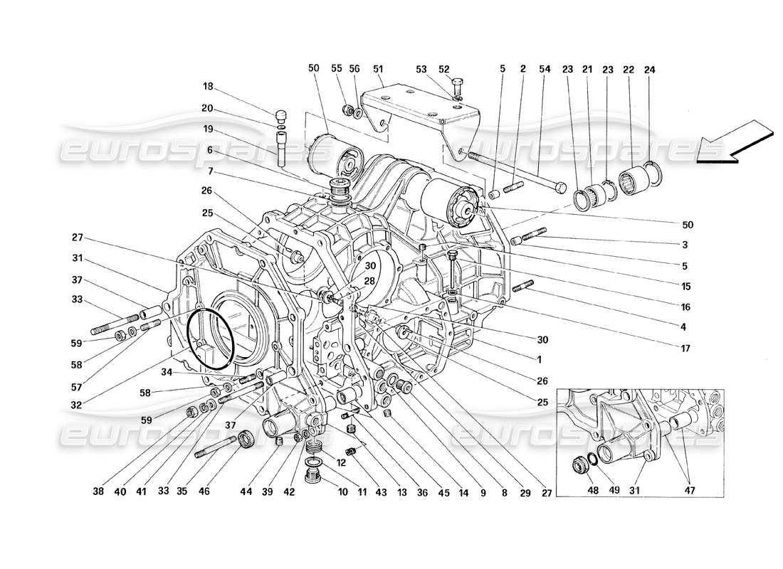 Ferrari 348 (1993) TB / TS Caja de cambios: carcasa del diferencial y carcasa intermedia Diagrama de piezas