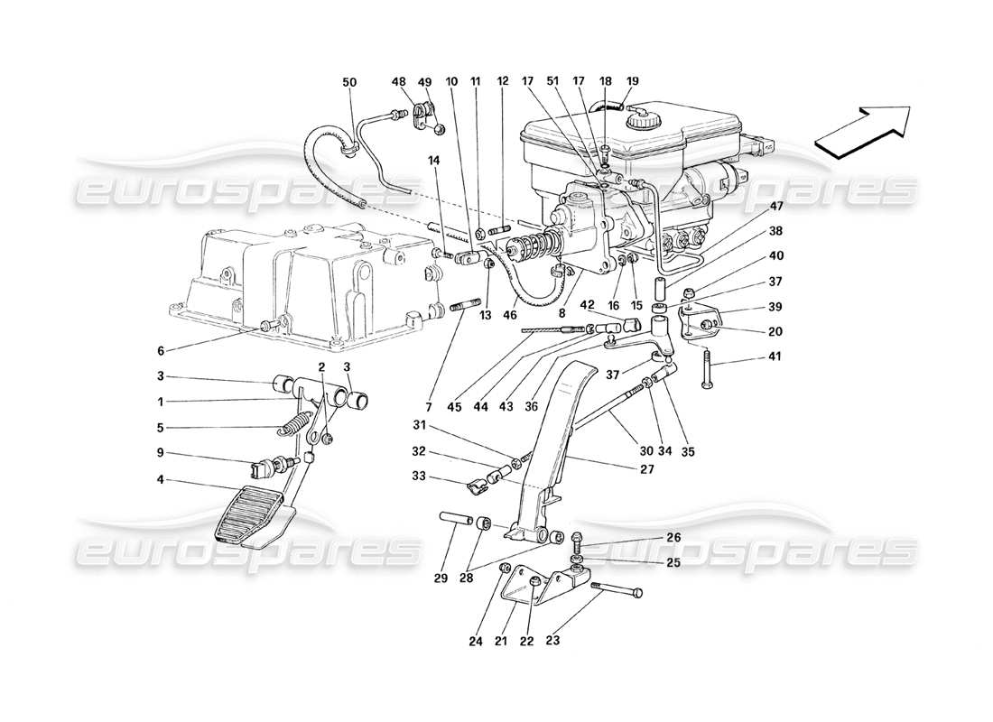 Ferrari 348 (1993) TB / TS pedal del acelerador y sistema hidráulico del freno Diagrama de piezas