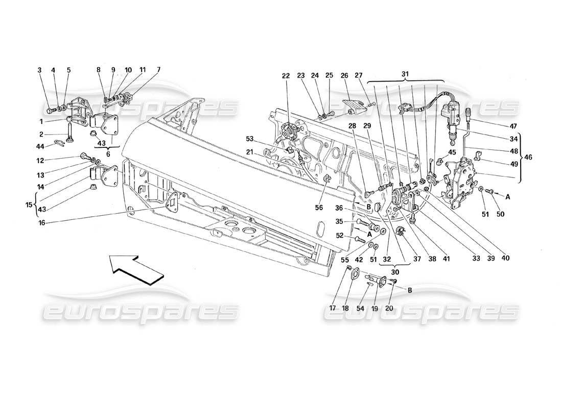 Ferrari 348 (1993) TB / TS Puertas - Control de Apertura y Bisagras Diagrama de piezas