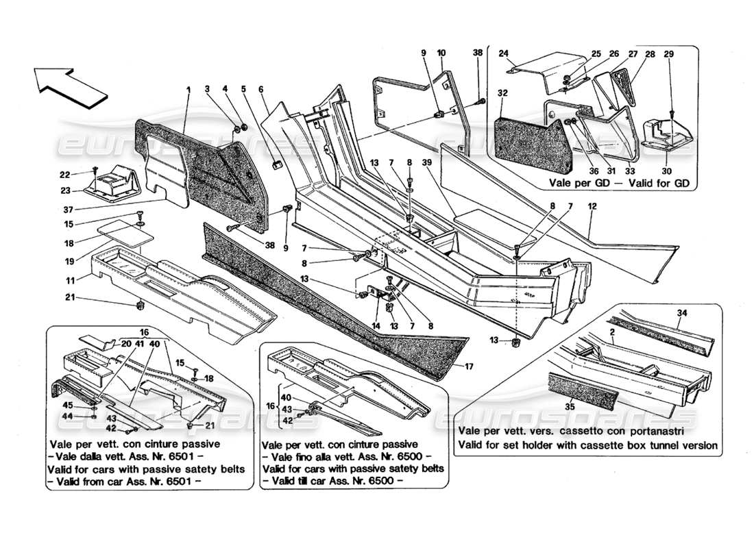 Ferrari 348 (1993) TB / TS Túnel - Estructura y Molduras Diagrama de piezas