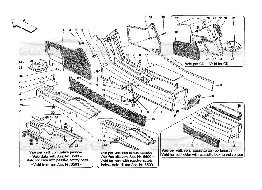 Ferrari 348 (1993) TB / TS Túnel - Estructura y Molduras Diagrama de piezas