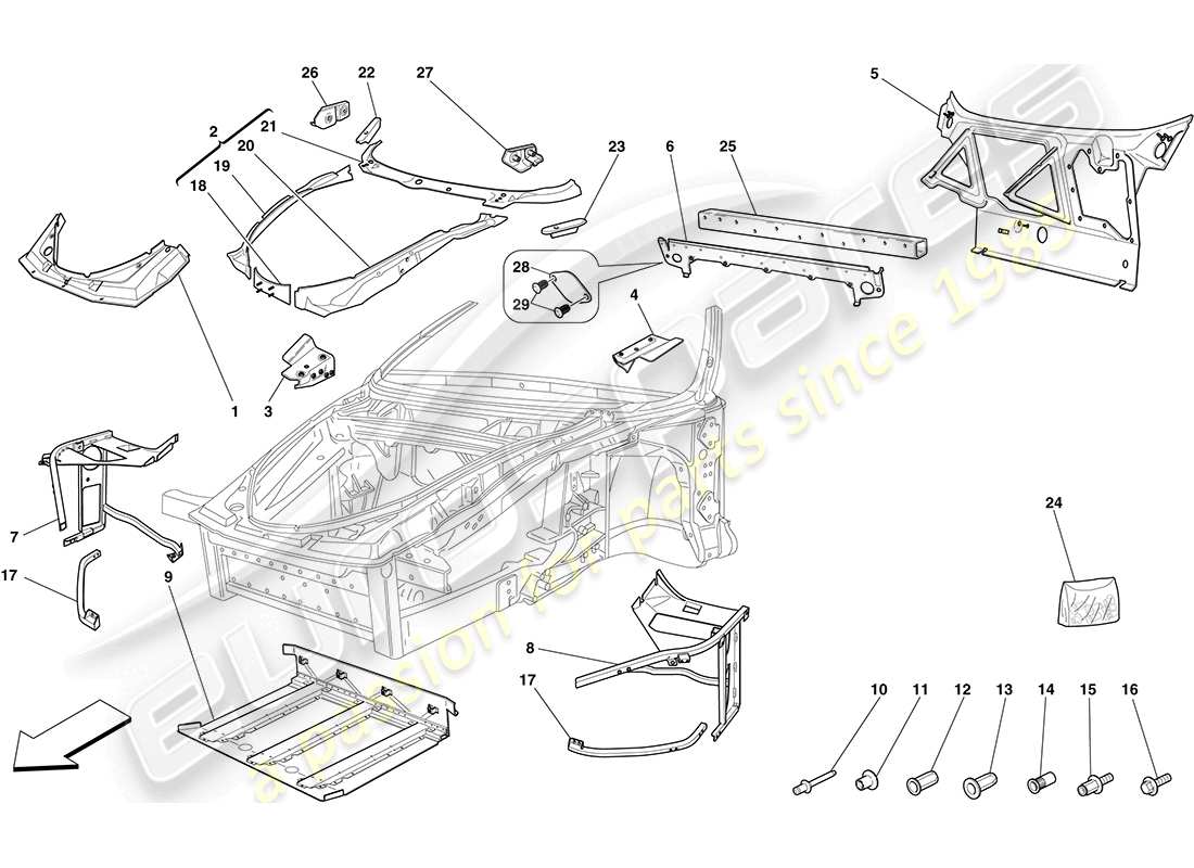 Ferrari F430 Coupé (RHD) CHASIS - ESTRUCTURA DELANTERA COMPLETA Y PANELES Diagrama de piezas