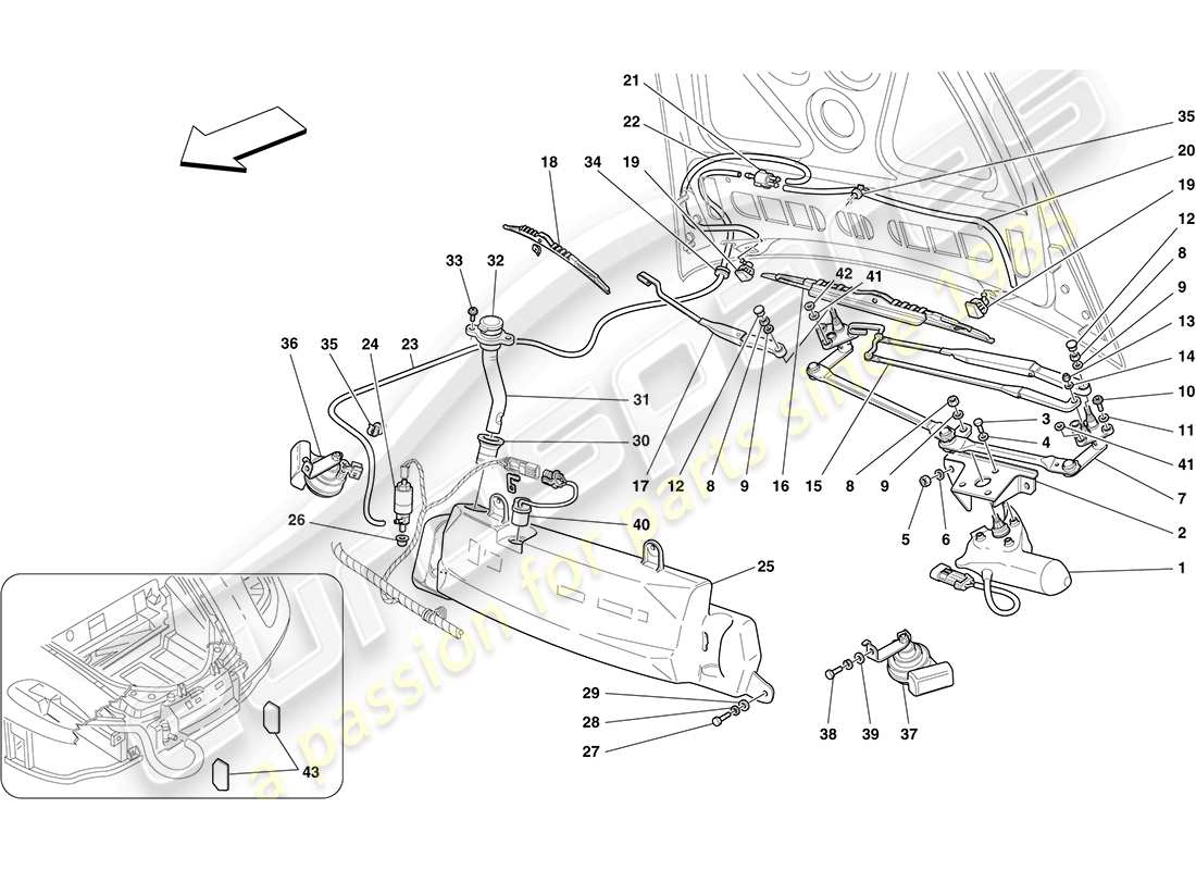 Ferrari F430 Coupé (RHD) LIMPIAPARABRISAS, Arandela Y BOCINA Diagrama de piezas