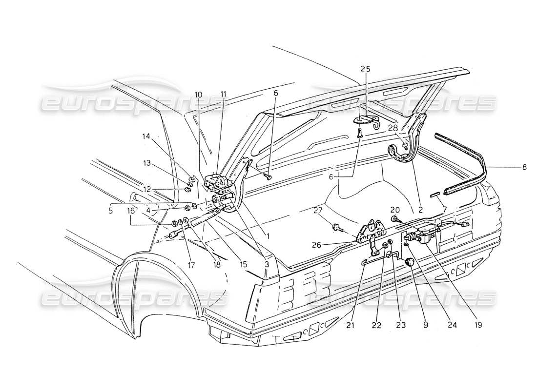 Maserati 418 / 4.24v / 430 Tapa del maletero, bisagras y controles de apertura Diagrama de piezas