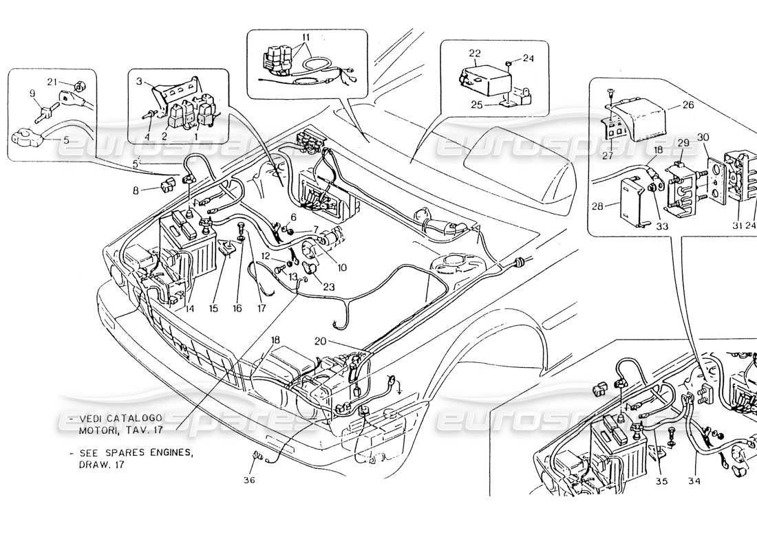 Maserati 418 / 4.24v / 430 Comparación del motor. eléctrico. Sistema, dirección izquierda. Diagrama de piezas