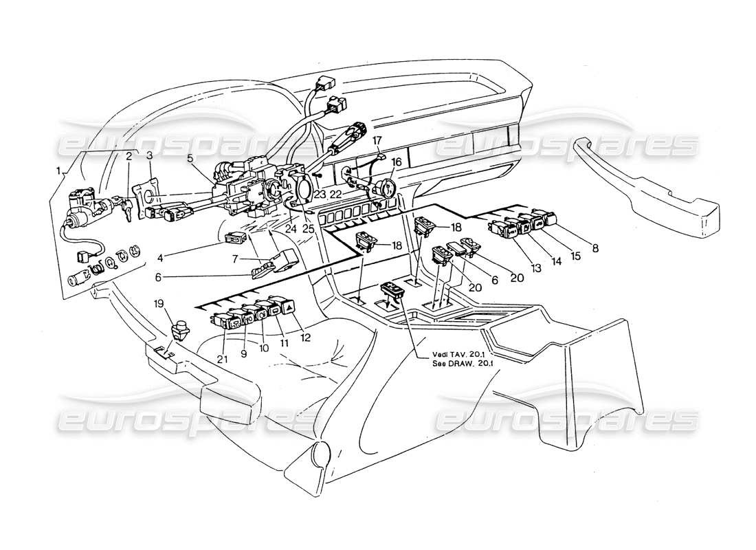 Maserati 418 / 4.24v / 430 Interruptores y bloqueo de dirección Diagrama de piezas