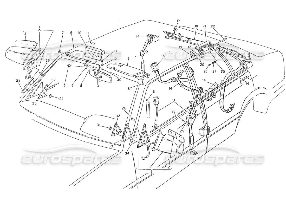 Maserati 418 / 4.24v / 430 Cinturones de seguridad, espejo retrovisor, visera solar Diagrama de piezas