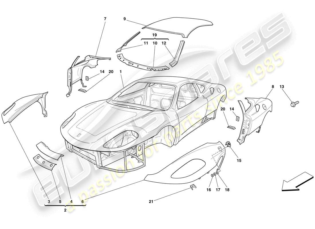 Ferrari F430 Scuderia Spider 16M (RHD) bodyshell - exterior trim Diagrama de piezas