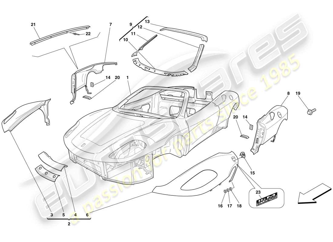Ferrari F430 Scuderia Spider 16M (RHD) bodyshell - exterior trim Diagrama de piezas