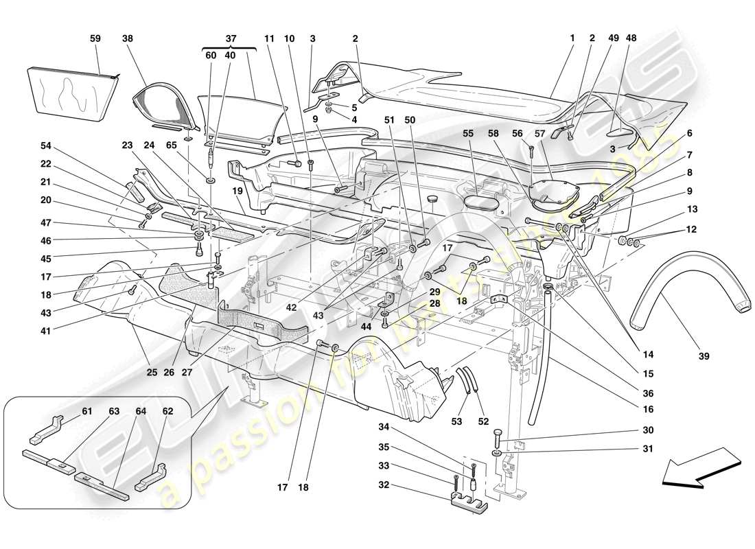 Ferrari F430 Scuderia Spider 16M (RHD) moldura de techo y tina contenedora Diagrama de piezas
