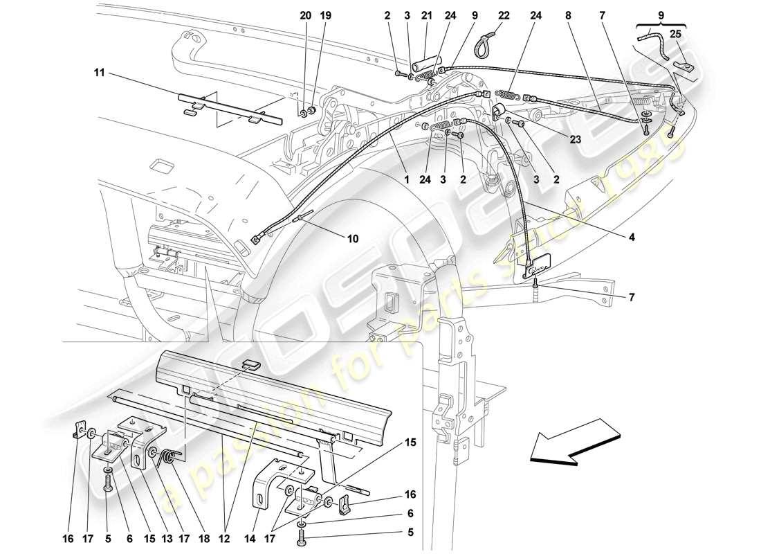 Ferrari F430 Scuderia Spider 16M (RHD) cables y mecanismo del techo Diagrama de piezas