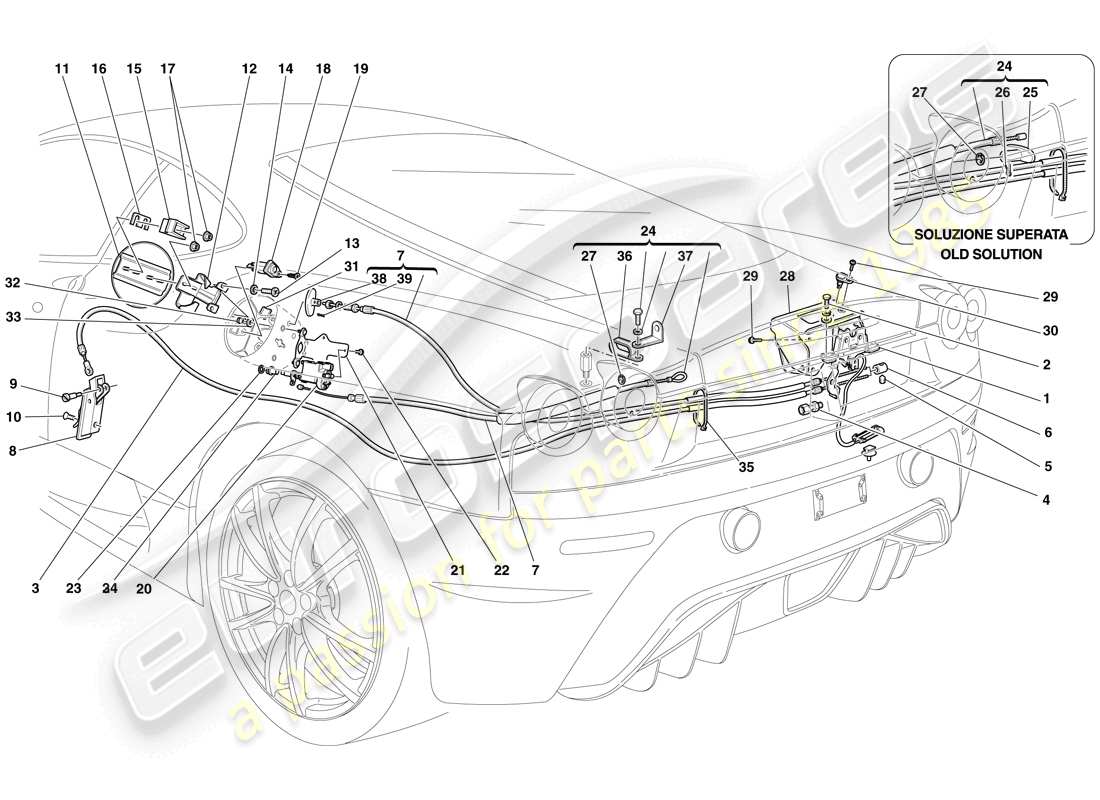 Ferrari F430 Scuderia Spider 16M (RHD) MECANISMOS DE APERTURA DE LA TAPA DEL COMPARTIMIENTO DEL MOTOR Y DE LA TAPÓN DE LLENADO DE COMBUSTIBLE Diagrama de piezas