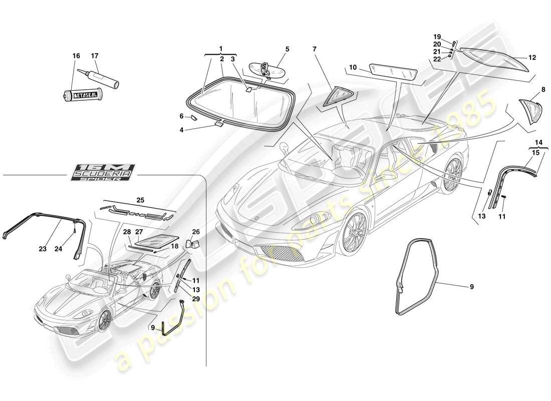 Ferrari F430 Scuderia Spider 16M (RHD) PANTALLAS, VENTANAS Y JUNTAS Diagrama de piezas