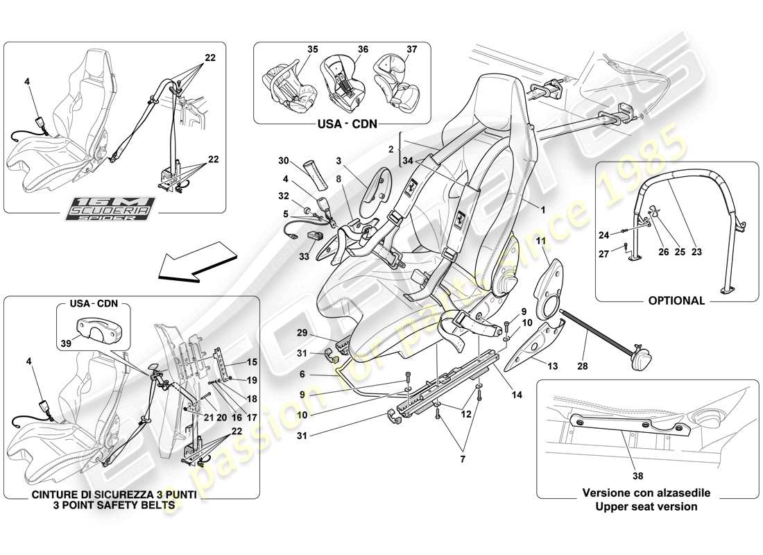 Ferrari F430 Scuderia Spider 16M (RHD) ARNESES DE ASIENTO DE PUNTOS RACING SEAT-4-Barra antivuelco Diagrama de piezas