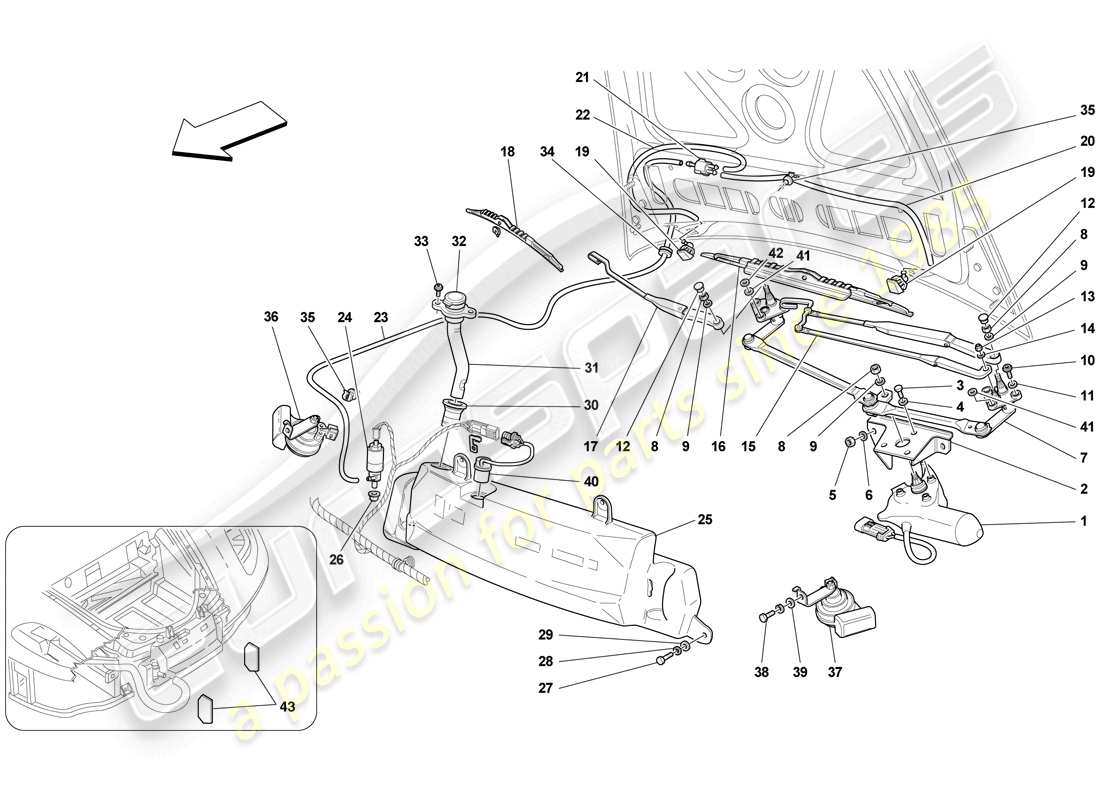 Ferrari F430 Scuderia Spider 16M (RHD) LIMPIAPARABRISAS, Arandela Y BOCINA Diagrama de piezas