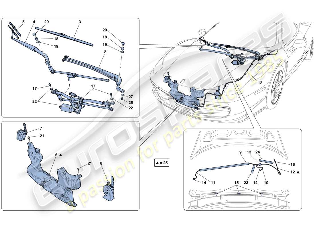Ferrari 458 Italia (Europa) LIMPIAPARABRISAS, Arandela Y BOCINA Diagrama de piezas