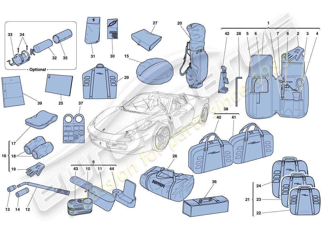 Ferrari 458 Spider (Europa) HERRAMIENTAS Y ACCESORIOS SUMINISTRADOS CON EL VEHÍCULO Diagrama de piezas