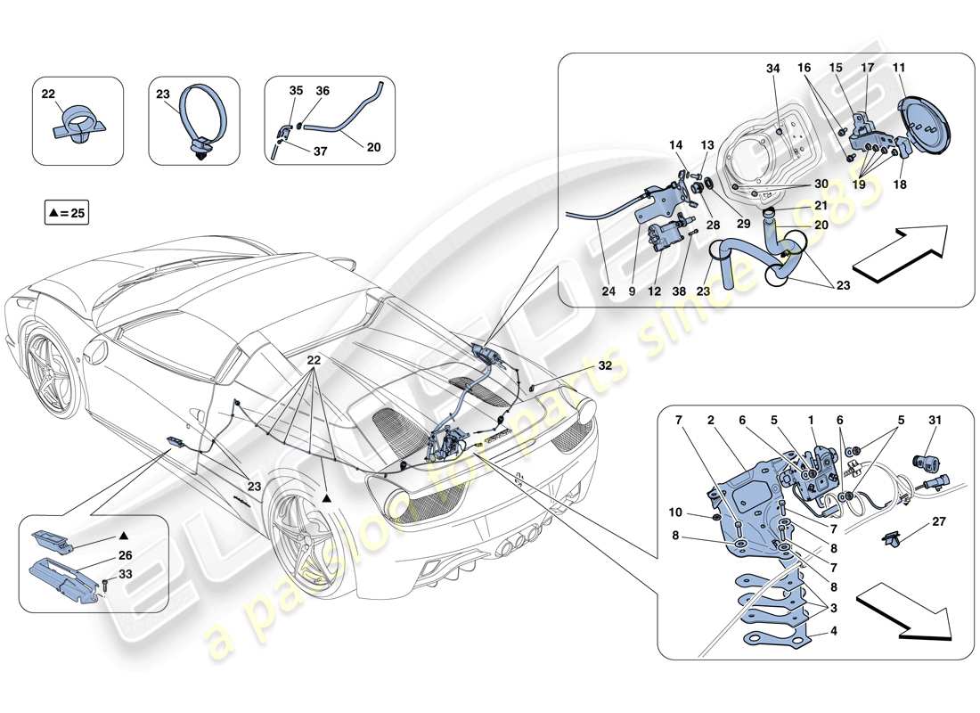 Ferrari 458 Spider (Europa) MECANISMOS DE APERTURA DE LA TAPA DEL COMPARTIMIENTO DEL MOTOR Y DE LA TAPÓN DE LLENADO DE COMBUSTIBLE Diagrama de piezas