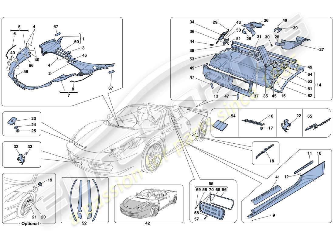 Ferrari 458 Spider (Europa) ESCUDOS - ACABADO EXTERNO Diagrama de piezas