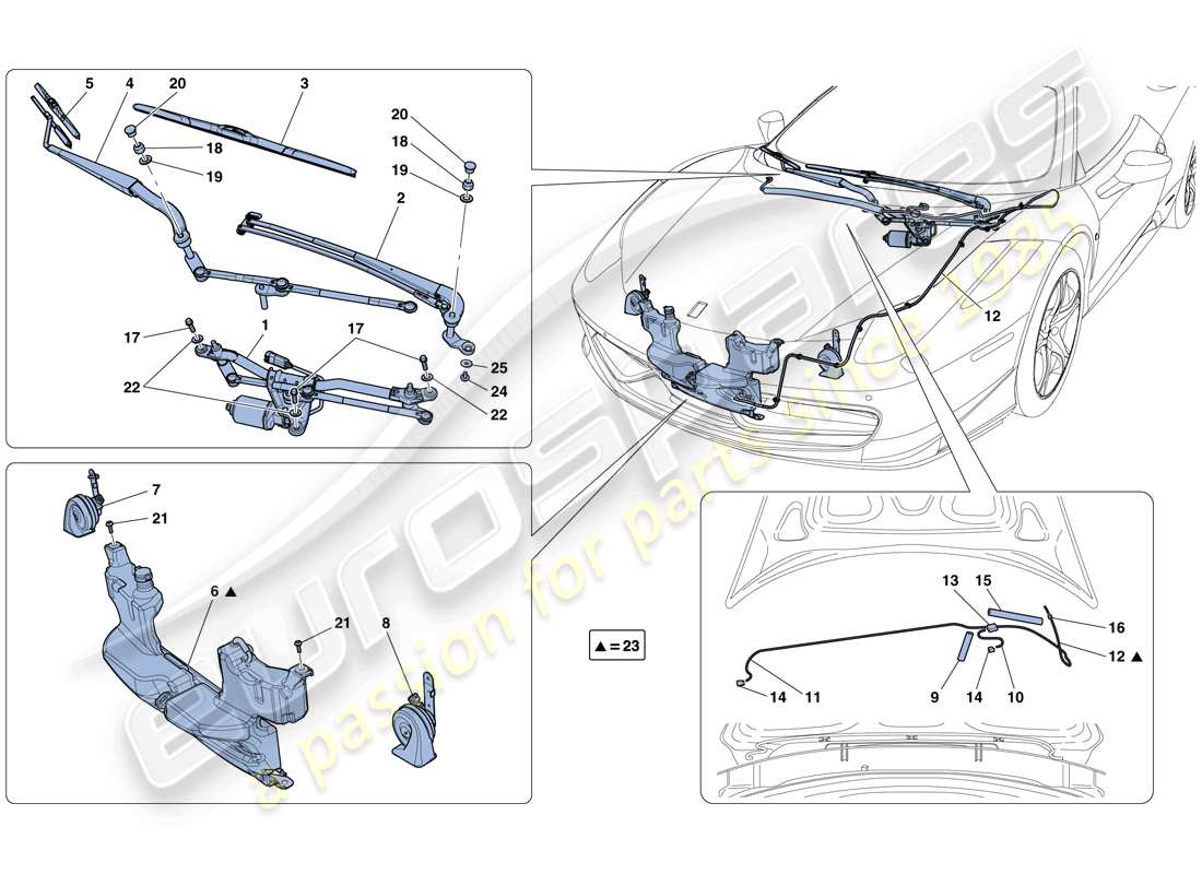 Ferrari 458 Spider (Europa) LIMPIAPARABRISAS, Arandela Y BOCINA Diagrama de piezas