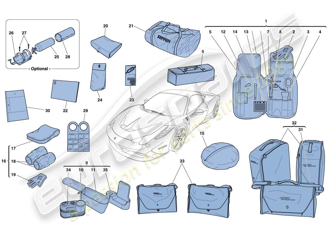 Ferrari 458 Especial (RHD) HERRAMIENTAS Y ACCESORIOS SUMINISTRADOS CON EL VEHÍCULO Diagrama de piezas