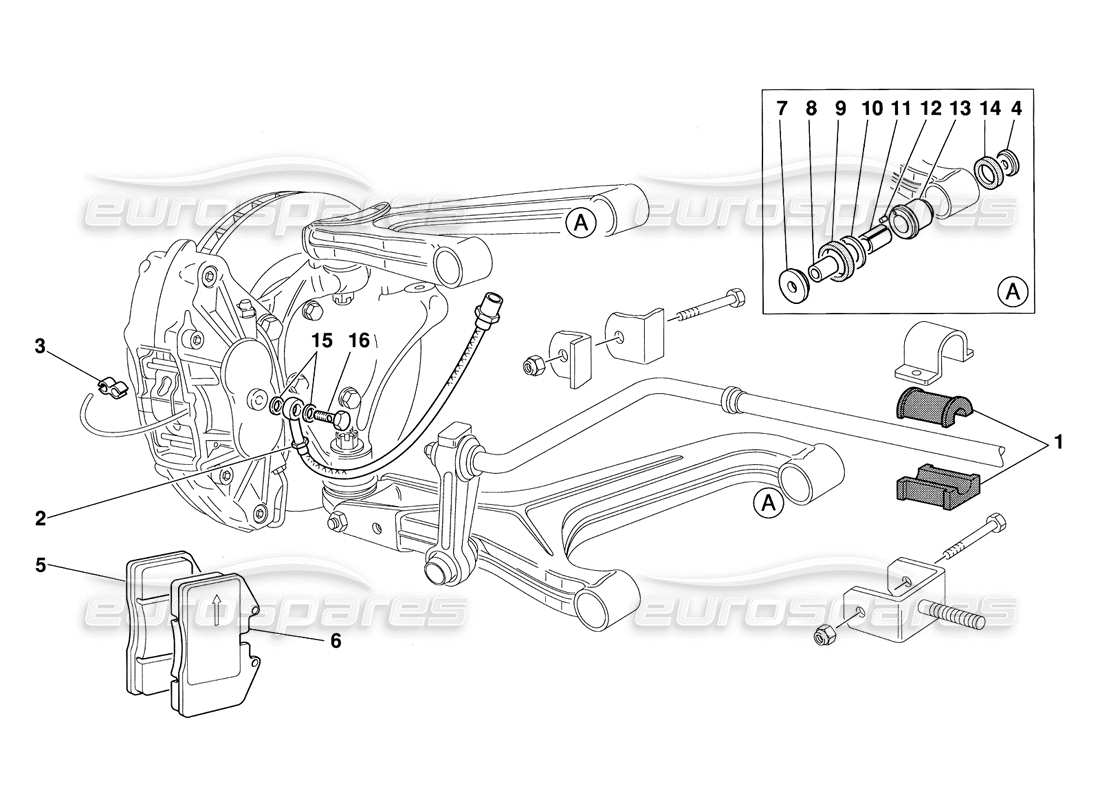 Ferrari 348 Desafío (1995) Pastillas de suspensión delantera y tubos de freno Diagrama de piezas