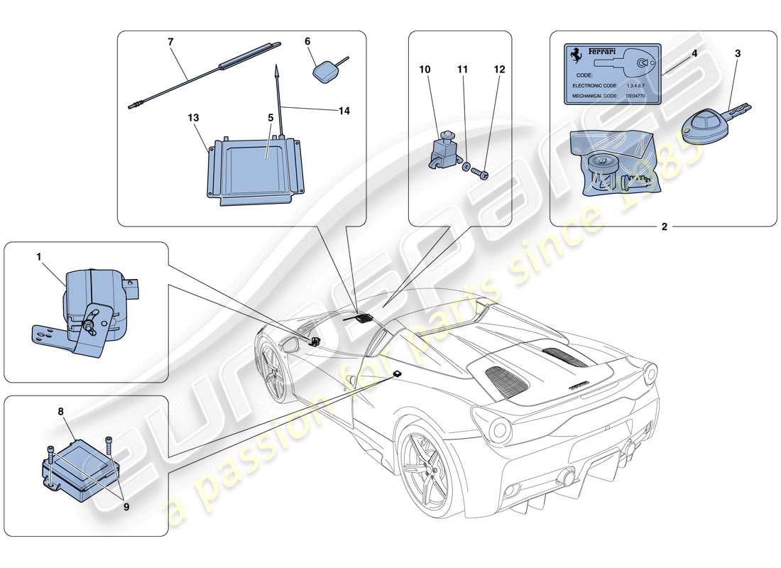 Ferrari 458 Speciale Aperta (RHD) SISTEMA ANTI-ROBO Diagrama de piezas