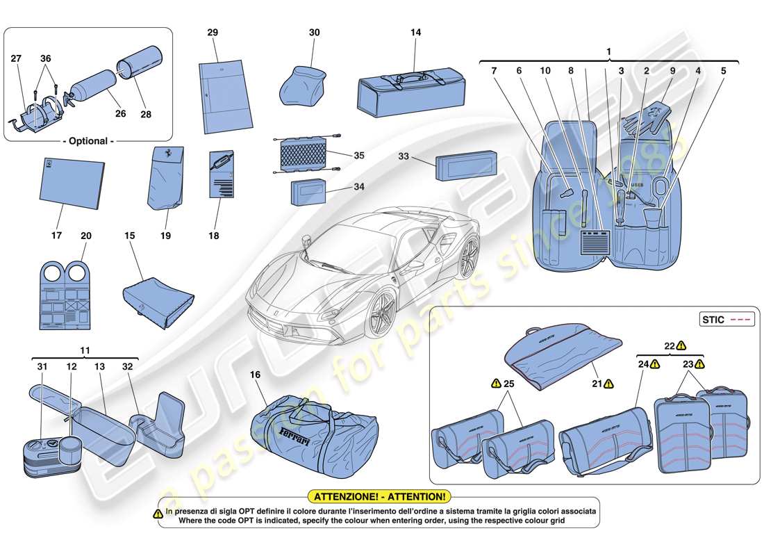 Ferrari 488 GTB (Europa) HERRAMIENTAS Y ACCESORIOS SUMINISTRADOS CON EL VEHÍCULO Diagrama de piezas