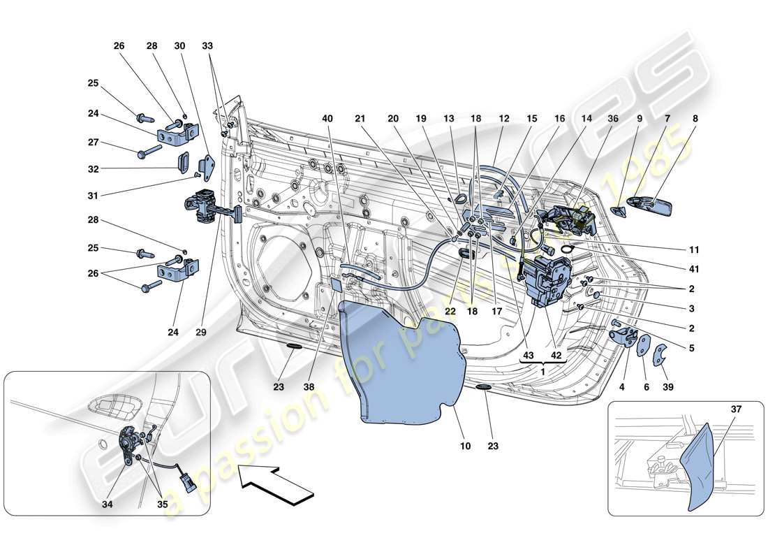 Ferrari 488 GTB (EE. UU.) PUERTAS - MECANISMOS DE APERTURA Y BISAGRAS Diagrama de piezas