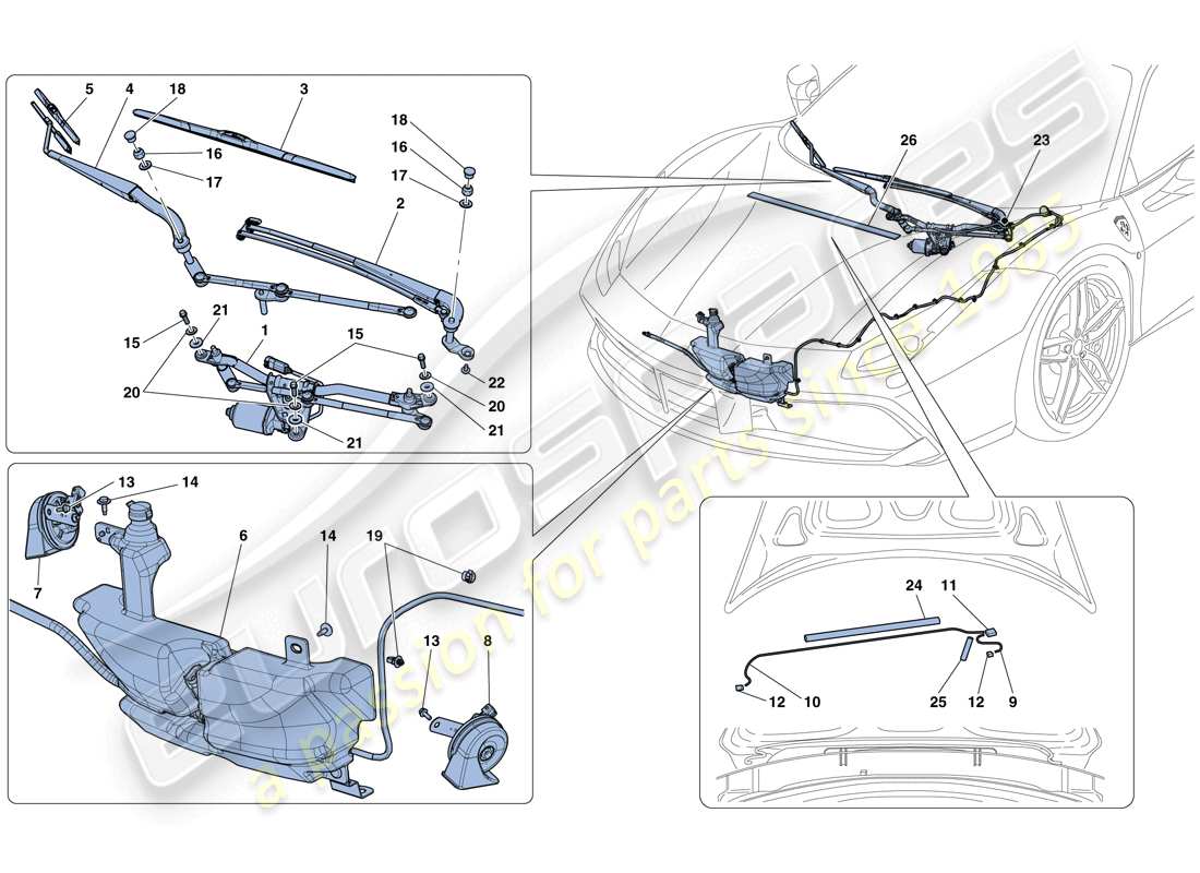 Ferrari 488 Spider (EE. UU.) LIMPIAPARABRISAS, Arandela Y BOCINA Diagrama de piezas