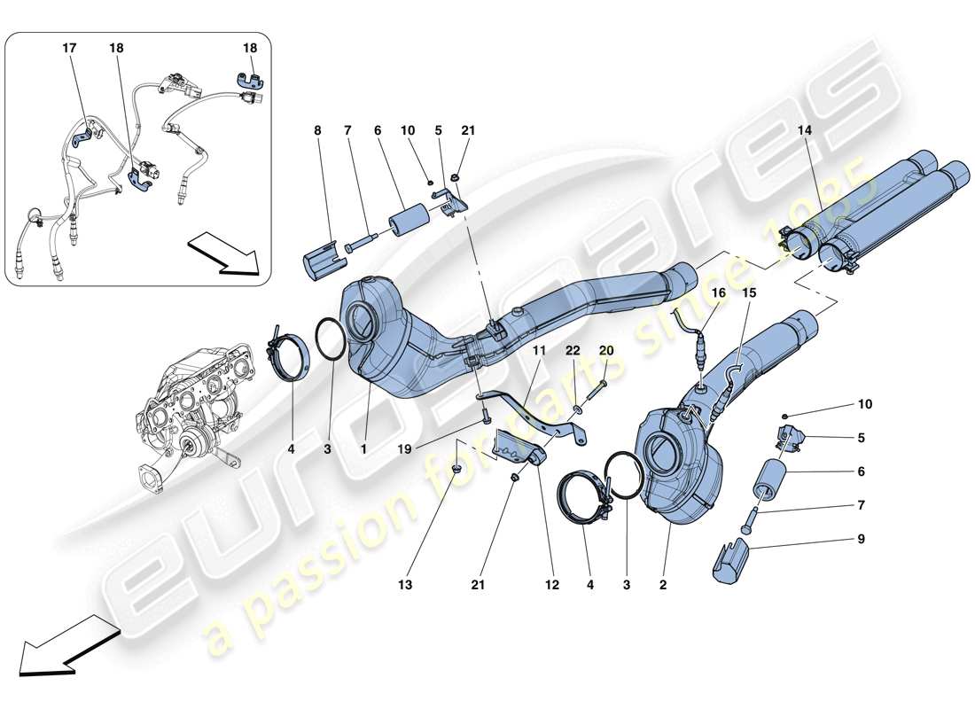 Ferrari GTC4 Lusso T (EE. UU.) Convertidores precatalíticos y convertidores catalíticos. Diagrama de piezas