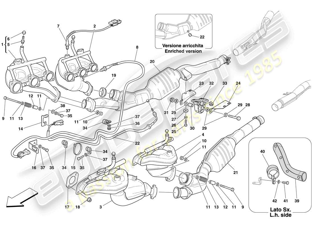 Ferrari 612 Sessanta (RHD) Sistema de escape delantero Diagrama de piezas