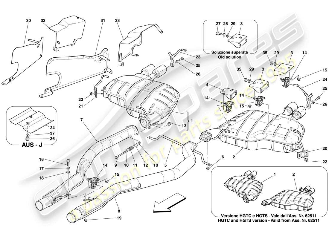 Ferrari 612 Sessanta (RHD) Sistema de escape trasero Diagrama de piezas