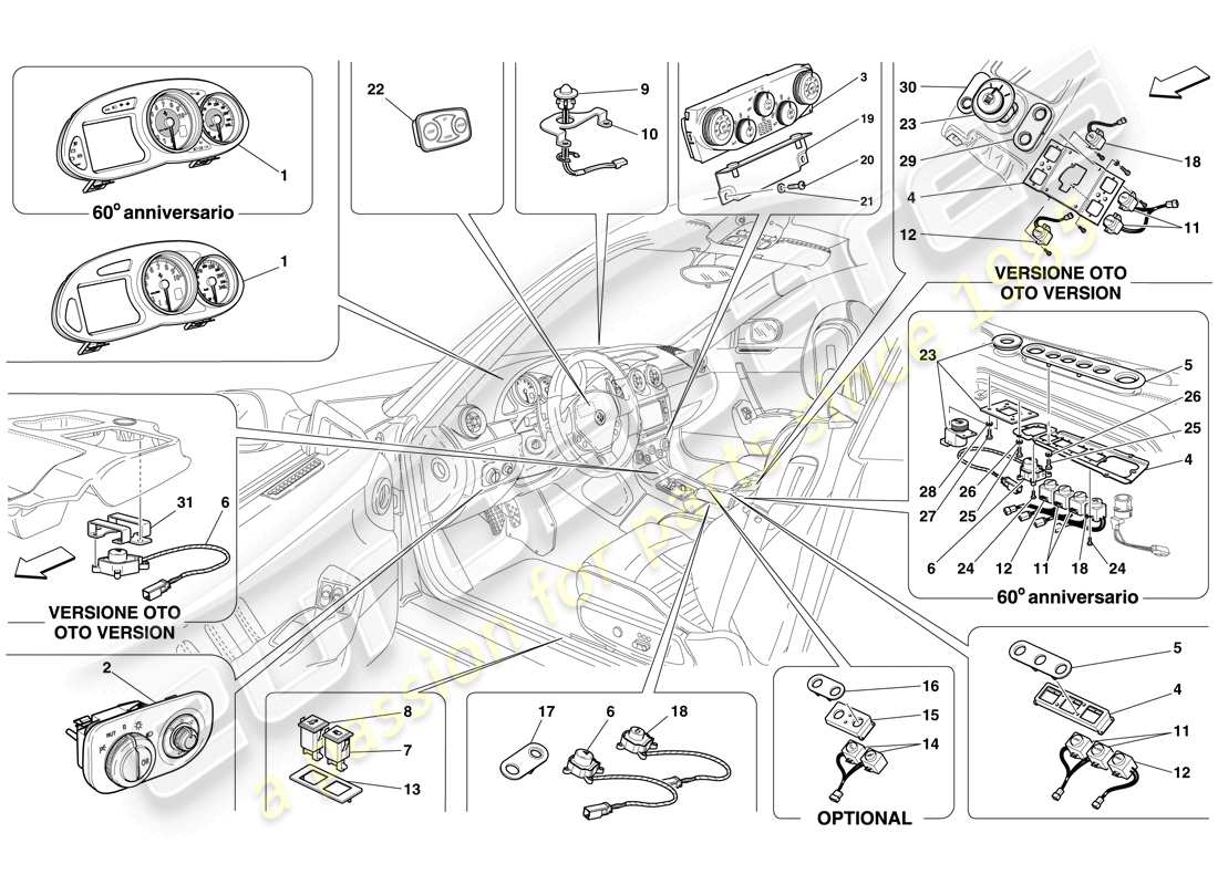Ferrari 612 Sessanta (RHD) Instrumentación Diagrama de piezas