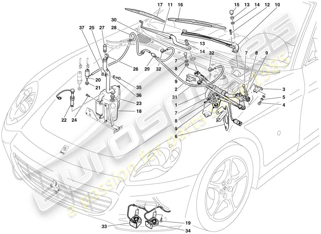 Ferrari 612 Sessanta (RHD) LIMPIAPARABRISAS, Arandela Y BOCINA Diagrama de piezas