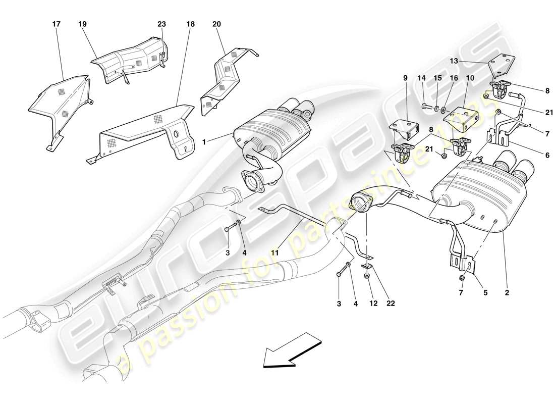 Ferrari 599 GTO (RHD) Sistema de escape trasero Diagrama de piezas