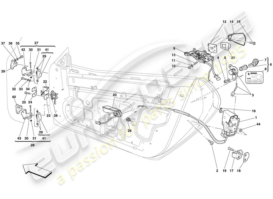 Ferrari 599 GTO (RHD) PUERTAS - MECANISMO DE APERTURA Y BISAGRAS Diagrama de piezas