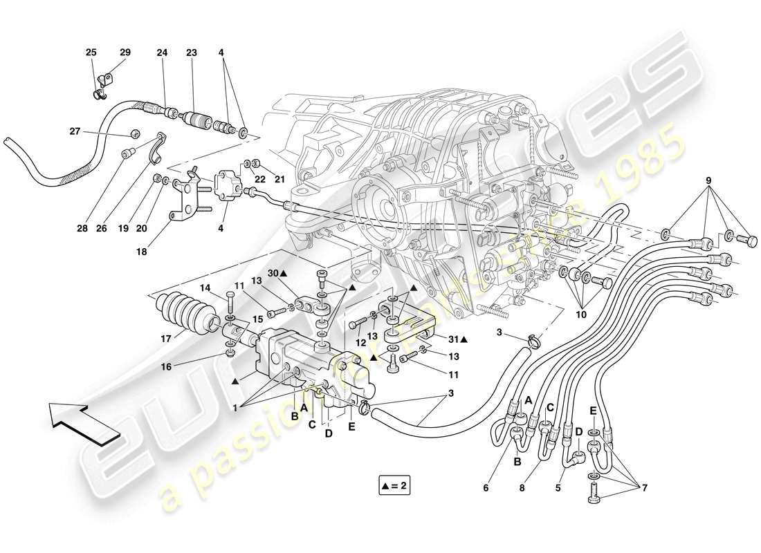 Ferrari 599 GTO (EE. UU.) F1 control hidráulico del embrague Diagrama de piezas
