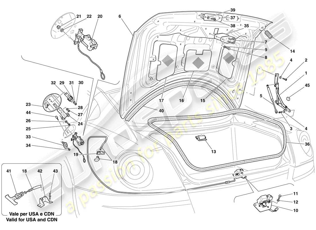 Ferrari 599 GTO (EE. UU.) TAPA DEL MALETERO Y TAPA DEL LLENADO DE COMBUSTIBLE Diagrama de piezas