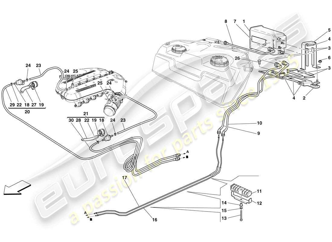 Ferrari 599 SA Aperta (EE. UU.) SISTEMA DE CONTROL DE EMISIONES EVAPORATIVAS Diagrama de piezas