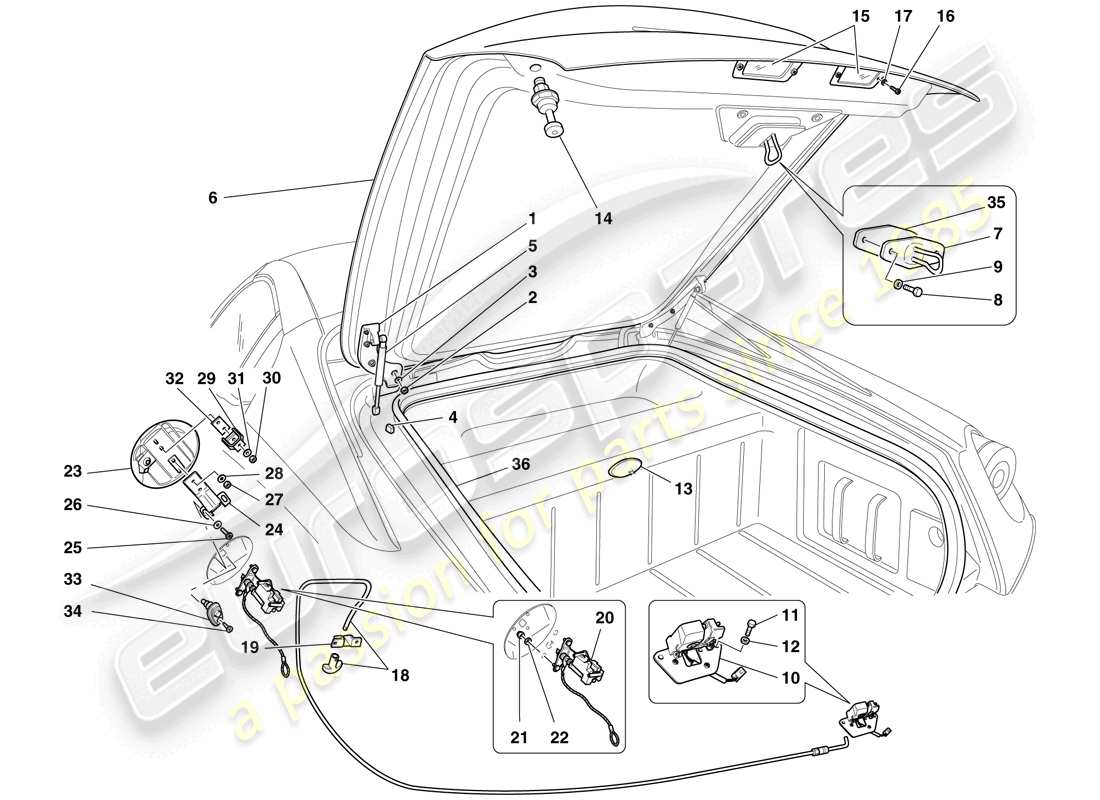 Ferrari 599 SA Aperta (EE. UU.) TAPA DEL MALETERO Y TAPA DEL LLENADO DE COMBUSTIBLE Diagrama de piezas