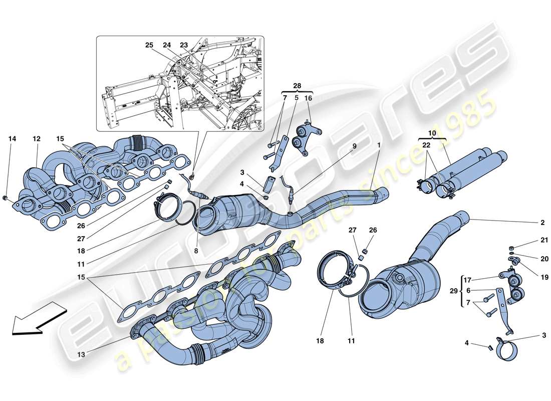 Ferrari F12 Berlinetta (RHD) Convertidores precatalíticos y convertidores catalíticos. Diagrama de piezas