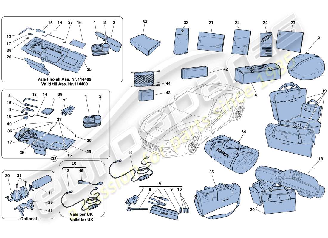 Ferrari F12 Berlinetta (EE. UU.) HERRAMIENTAS Y ACCESORIOS SUMINISTRADOS CON EL VEHÍCULO Diagrama de piezas