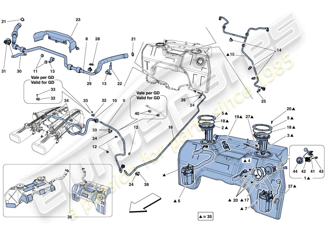 Ferrari F12 TDF (RHD) TANQUE DE COMBUSTIBLE, BOMBAS Y TUBOS DEL SISTEMA DE COMBUSTIBLE Diagrama de piezas