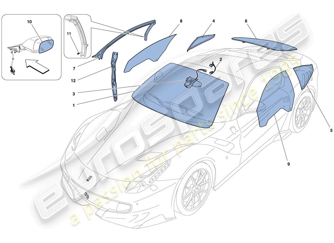 Ferrari F12 TDF (EE. UU.) PANTALLAS, VENTANAS Y JUNTAS Diagrama de piezas
