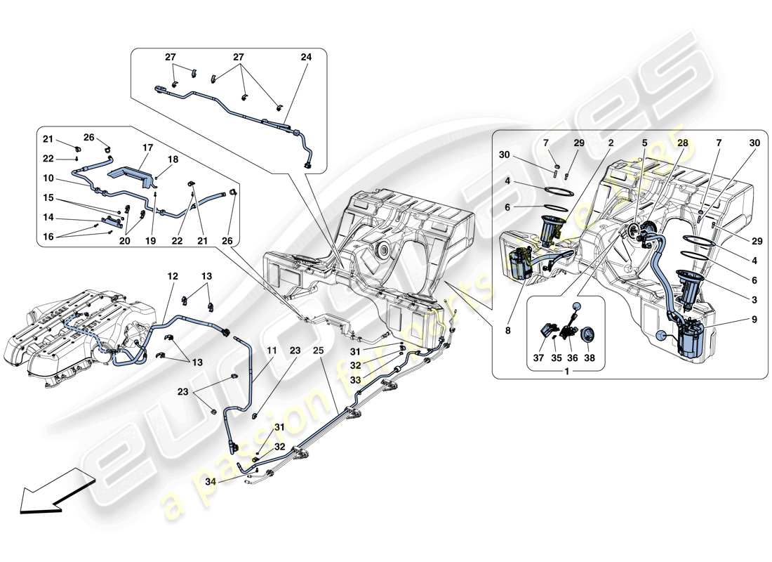 Ferrari GTC4 Lusso (RHD) BOMBAS Y TUBOS DEL SISTEMA DE COMBUSTIBLE Diagrama de piezas